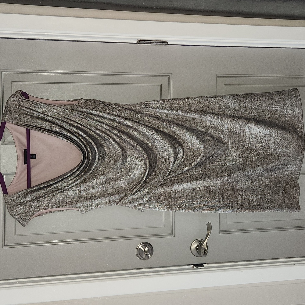 Connected Apparel Silver/Gray Ruched Midi Dress w/Pink Lining Sz. 16 NWOT